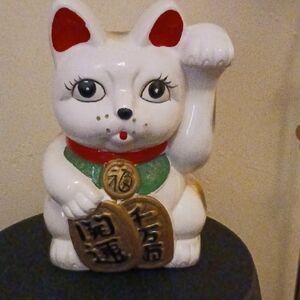 Ceramic Lucky Cat Bank - White and Red Large 13" X10" Tall Mcm